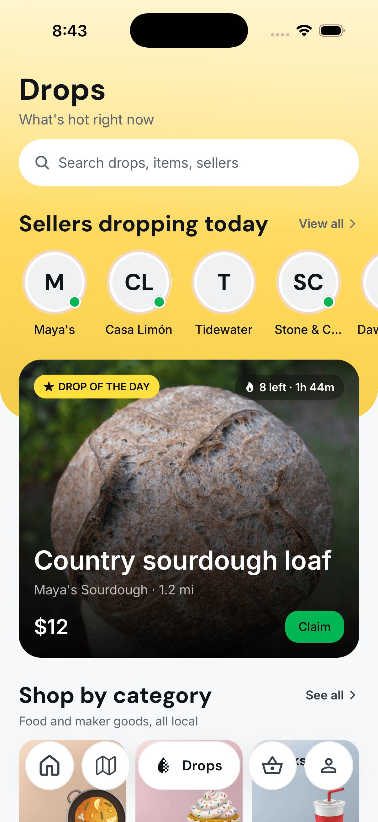 Tillr Drops screen showing a country sourdough loaf available today