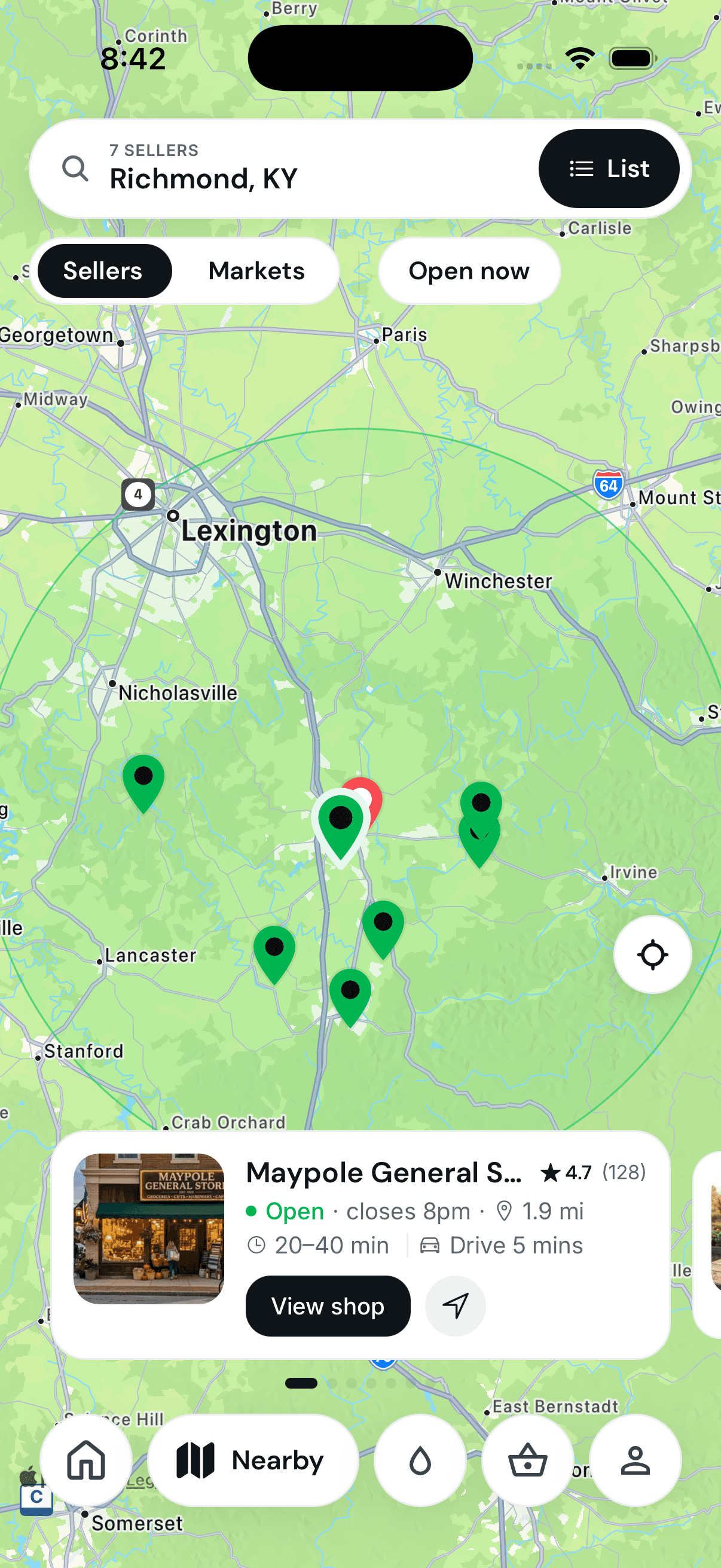 Tillr map of local sellers around Richmond, Kentucky